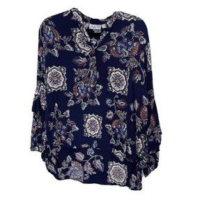 Emma G Boho Floral Rayon Blouse Navy Blue Women's Size S